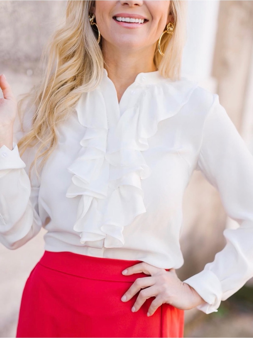 Laroque Emerson Blouse Cascade Ruffle Silk Shirt Porcelain White S Career Wear